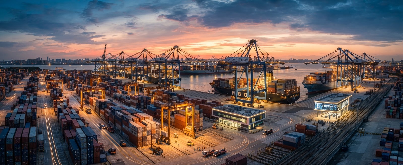 Global logistics port with digital data overlay
